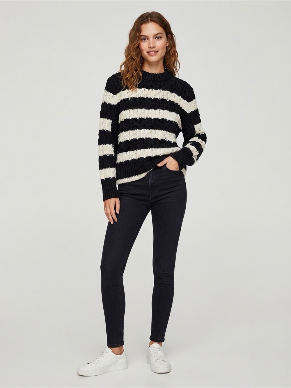 Zara Black and Cream Striped Cable Knit Crewneck Sweater